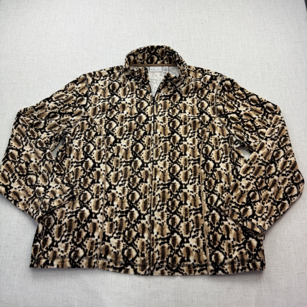 Kim Rogers Fleece Jacket Womens XL Brown Animal Print Full Zip Mock Neck Soft